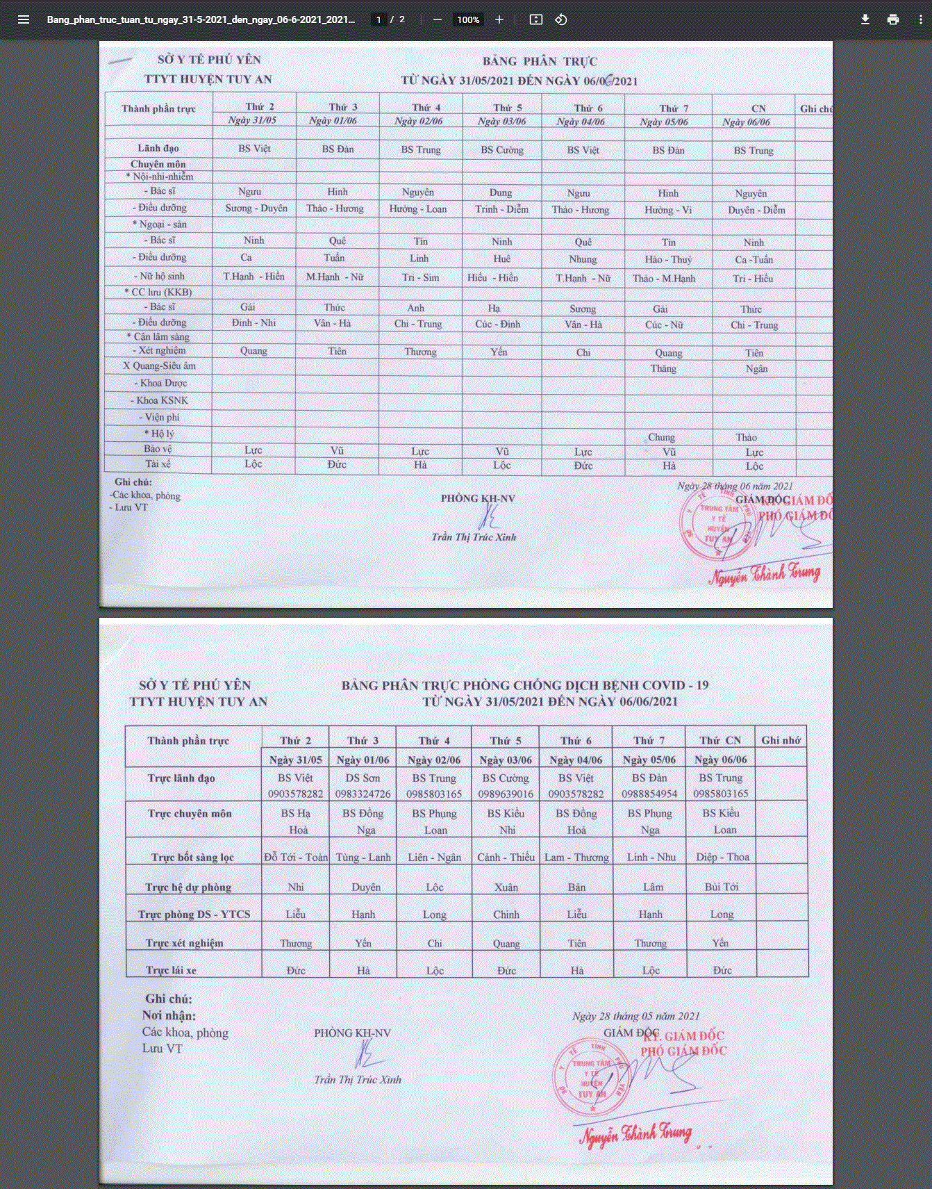 Lịch trực 31/5-7/6/2021