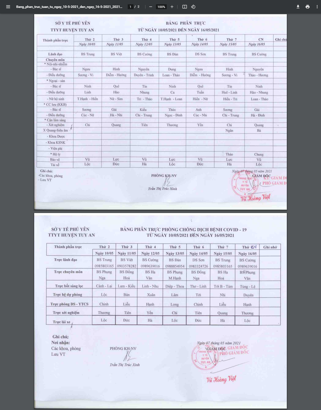 Lịch trực 10/5-16/5/2021