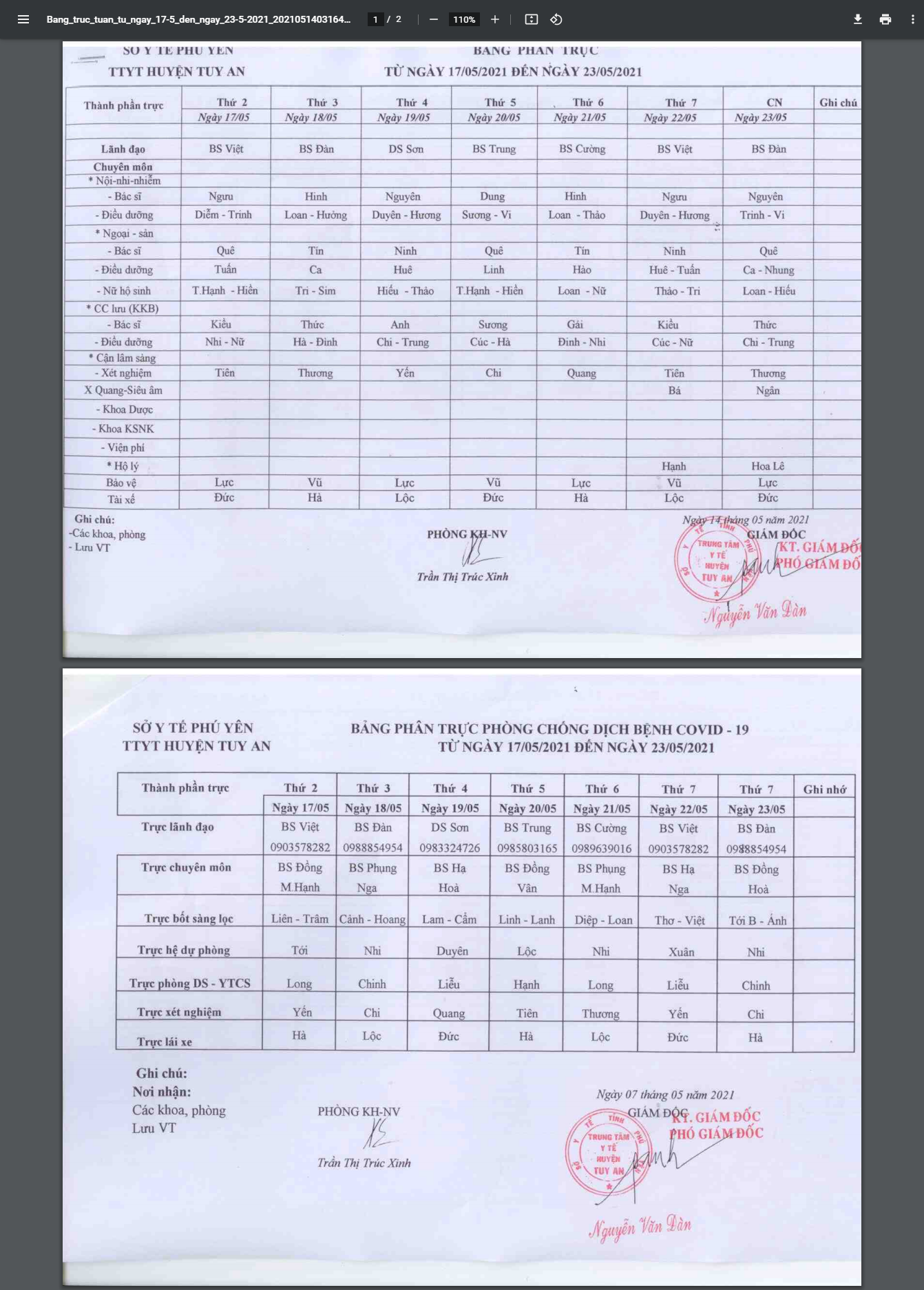 Lịch trực 17/5-23/5/2021