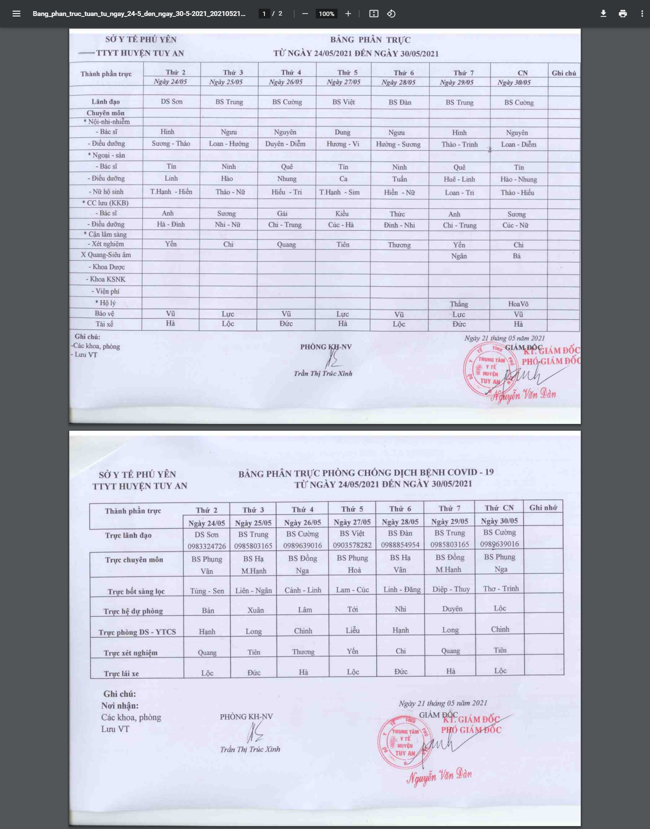 Lịch trực 24/5-30/5/2021