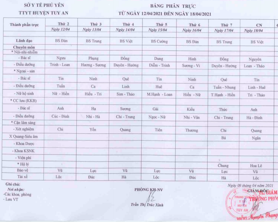 Lịch trực 12/4/2021-18/4/2021