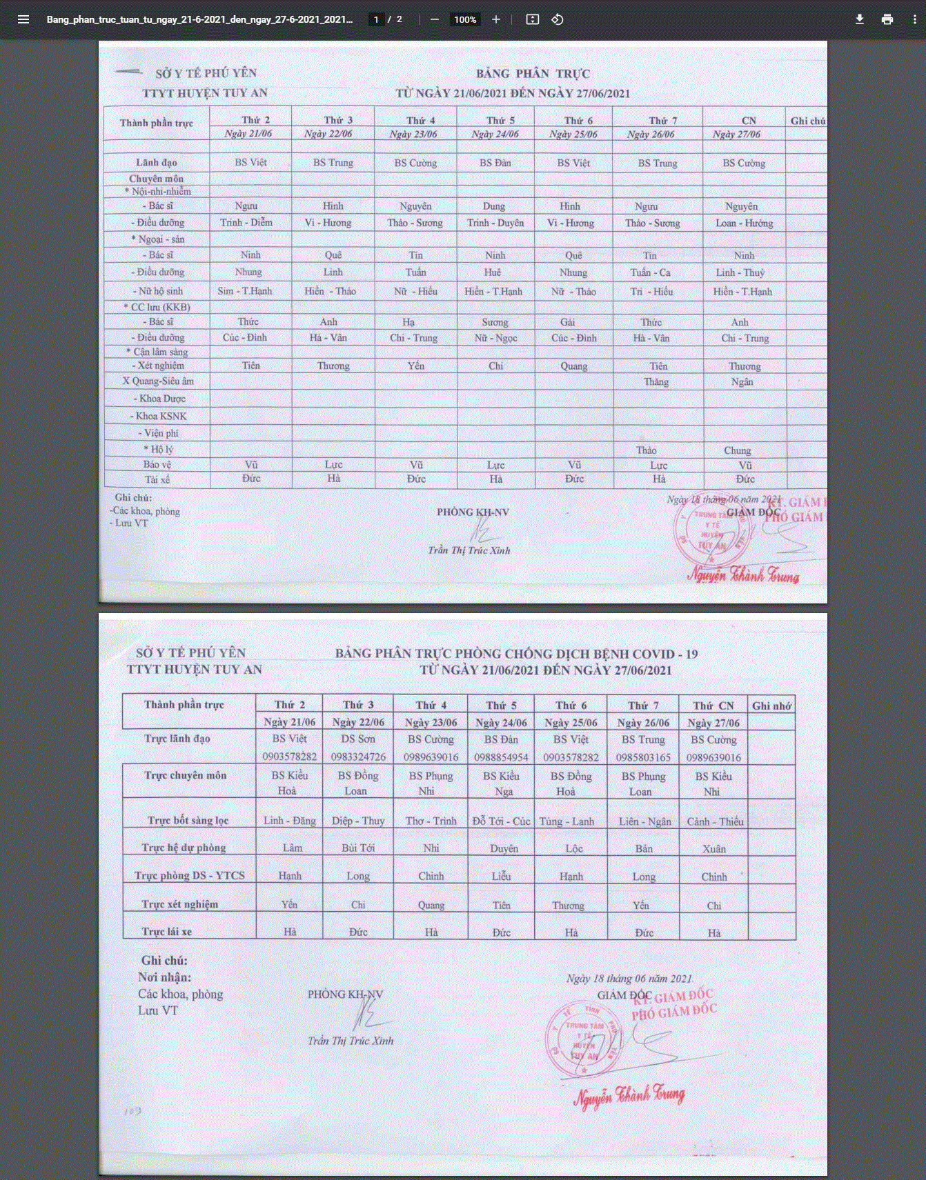 Lịch trực 21-27/6/2021