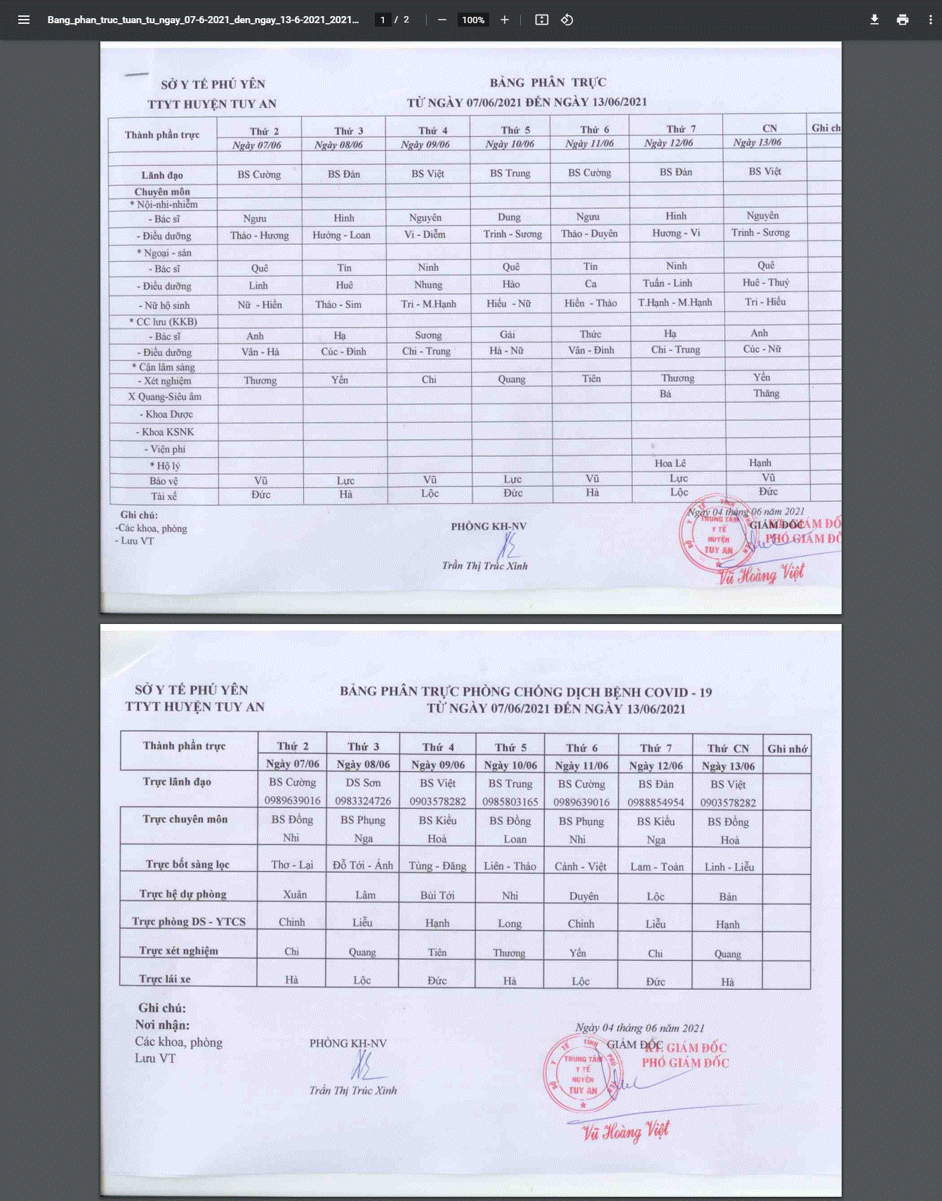 Lịch trực 7/6-13/6/2021