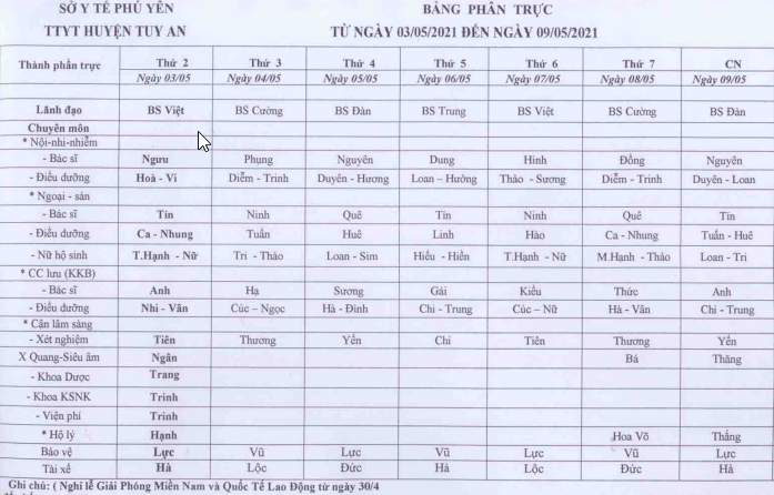 Lịch trực 3/5-9/5/2021