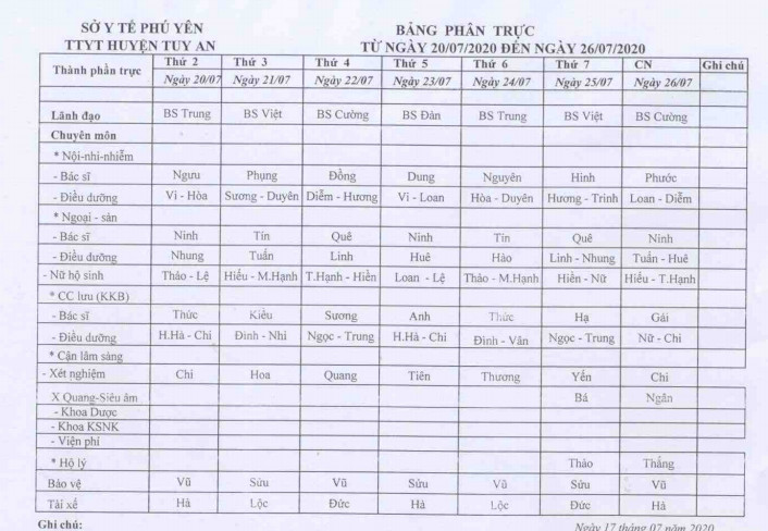 Lịch trưc 20/7-26/7/2020